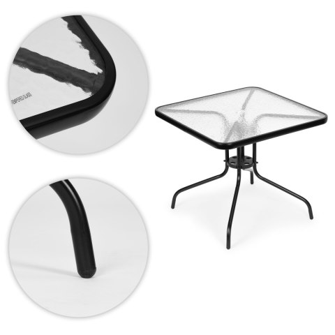 Stolik ogrodowy 80x80 cm na taras ogród balkon szkło hartowane otwór na parasol MultiGarden Stolik ogrodowy 80x80 cm na taras ogród balkon szkło hartowane otwór na parasol MultiGarden