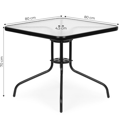 Stolik ogrodowy 80x80 cm na taras ogród balkon szkło hartowane otwór na parasol MultiGarden Stolik ogrodowy 80x80 cm na taras ogród balkon szkło hartowane otwór na parasol MultiGarden