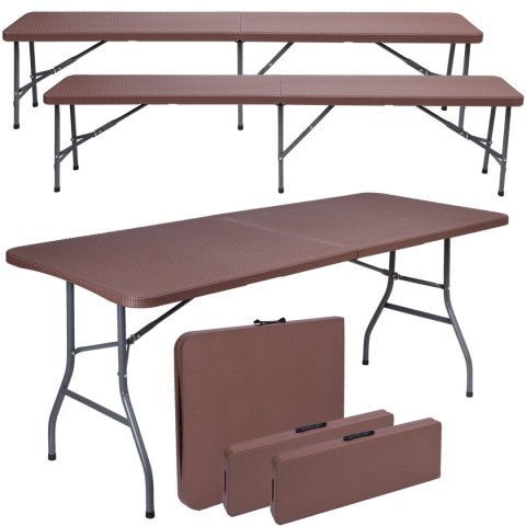 Zestaw cateringowy Rattan brąz stół 180 cm+ 2 ławki