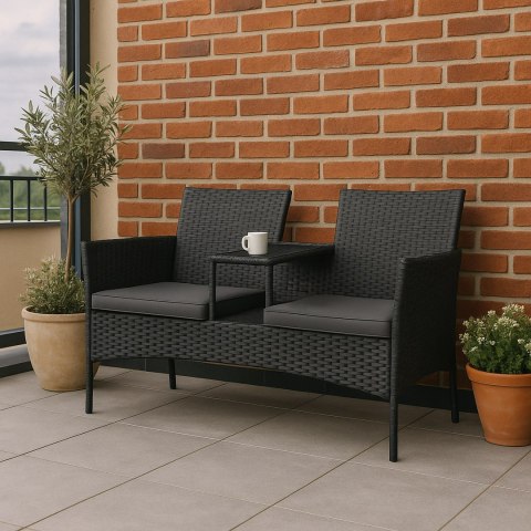 Ławka ogrodowa z technorattanu sofa CORDOBA czarna z szarymi poduszkami