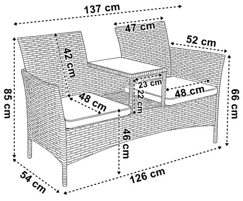 Ławka ogrodowa z technorattanu sofa CORDOBA czarna z szarymi poduszkami