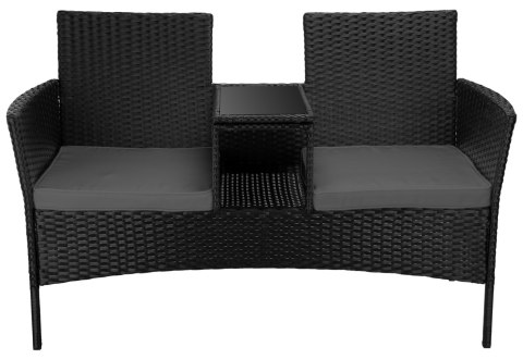 Ławka ogrodowa z technorattanu sofa CORDOBA czarna z szarymi poduszkami