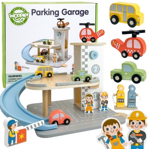 WOOPIE GREEN Drewniany Parking Piętrowy 2w1 Stacja Benzynowa z Autkami i Figurkami 12 el. FSC