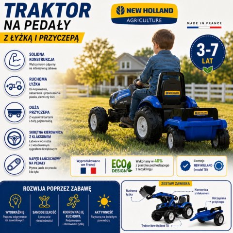 FALK Traktor New Holland Niebieski na Pedały z Przyczepką od 3 Lat