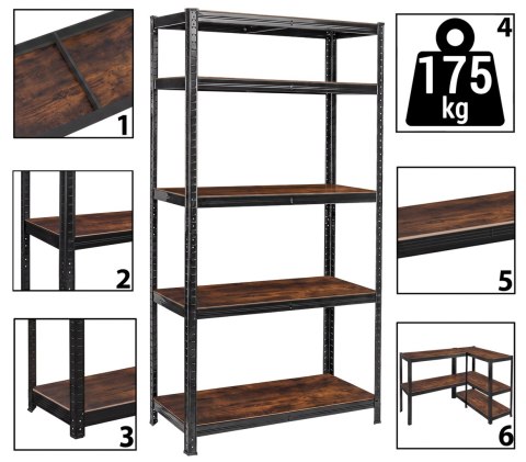 Regał magazynowy 5 poziomów loftowy 875 kg 180 x 90 x 40 cm