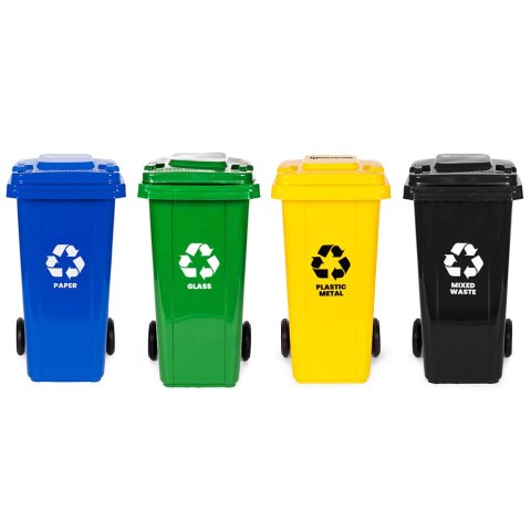 Zestaw 4 koszy na śmieci pojemniki 4x120L niebieski zielony żółty czarny makulatura szkło plastik odpady zmieszane gumowe koła