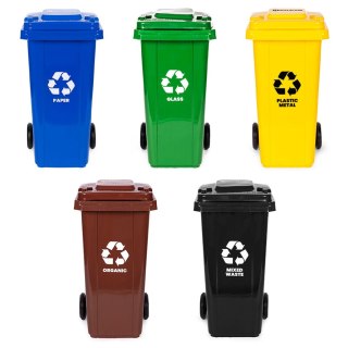 Zestaw 5 koszy na śmieci pojemniki 5x120L niebieski zielony żółty czarny brązowy makulatura szkło plastik odpady zmieszane BIO g