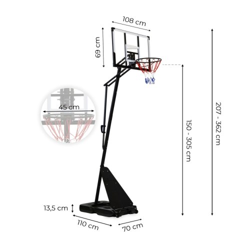 Kosz do koszykówki regulowany do 305 cm wolnostojący tablica obręcz MOVEPRO