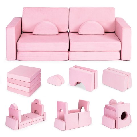 Sofa składana modułowa dla dzieci duża 2-osobowa DIY 10 miękkich poduch - różowa ECOTOYS