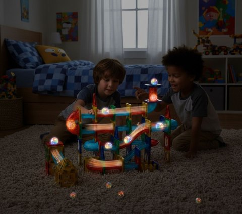 Klocki magnetyczne tor kulkowy LED klocki konstrukcyjne kulodrom 105 elementów