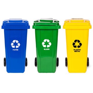 Zestaw 3 koszy na śmieci pojemniki 3x120L niebieski zielony żółty makulatura szkło plastik gumowe koła