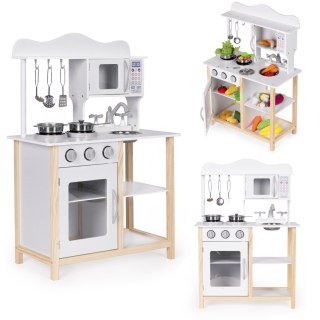 Drewniana kuchnia dla dzieci z piekarnikiem i akcesoriami do gotowania - biała ECOTOYS