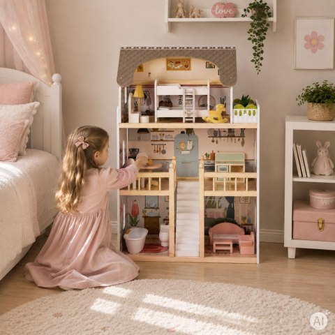 Drewniany domek dla lalek Laura 3 piętra 5 pomieszczeń 15 mebelków ECOTOYS