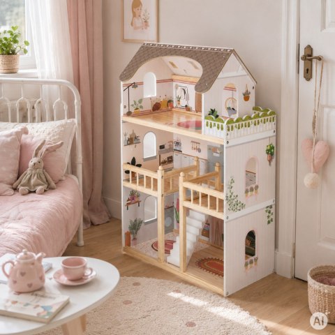 Drewniany domek dla lalek Laura 3 piętra 5 pomieszczeń 15 mebelków ECOTOYS