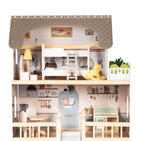 Drewniany domek dla lalek Laura 3 piętra 5 pomieszczeń 15 mebelków ECOTOYS
