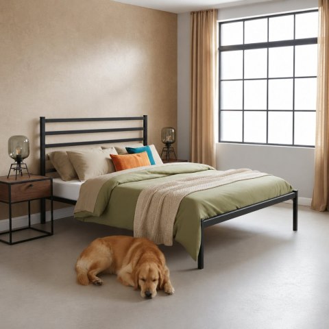 Łóżko metalowe 135x190 cm ze stelażem i zagłówkiem minimalistyczna czarna rama ModernHome
