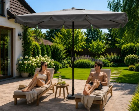 Prostokątny duży parasol ogrodowy skośny łamany z korbą szary 200x130 cm MultiGarden