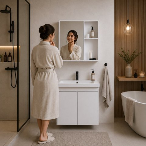 Szafka łazienkowa wisząca z umywalką + lustro zestaw mebli ModernHome