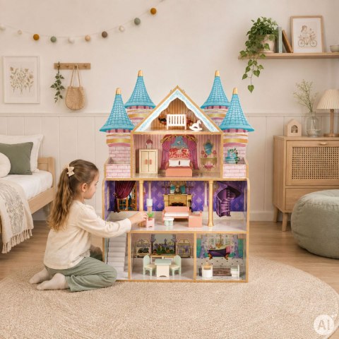 Drewniany domek dla lalek zamek Bella 4 piętra 5 pomieszczeń 15 mebelków ECOTOYS
