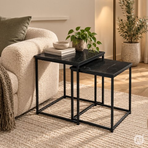 Stoliki kawowe rozkładane kwadratowe zestaw 2w1 loftowy czarny marmur ModernHome