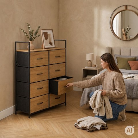 Szafka komoda 8 szuflad materiałowych 80 cm organizer tekstylny MDF loft ModernHome