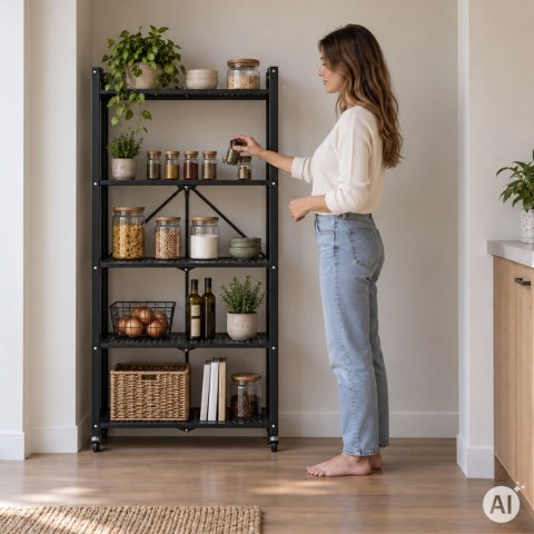 Regał magazynowy 5 półek składany stalowy na kółkach czarny loft ModernHome