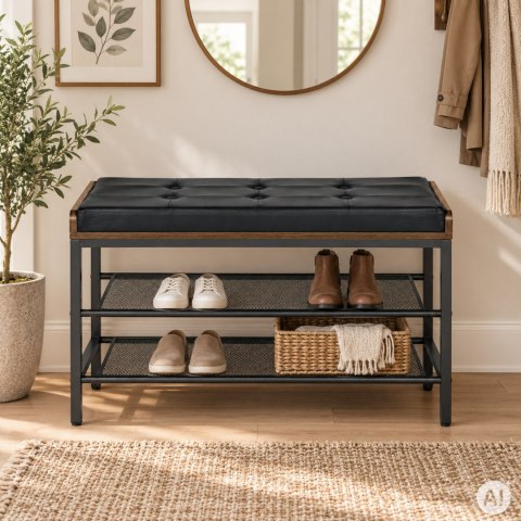 Szafka na buty z pikowanym siedziskiem ekoskóra 2 półki loftowa ModernHome