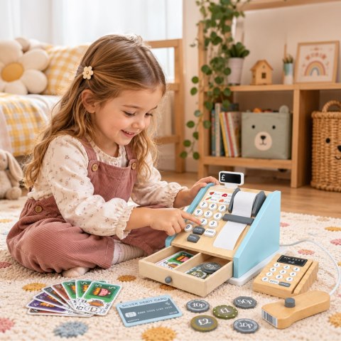 Drewniana kasa fiskalna dla dzieci terminal skaner banknoty monety karta ECOTOYS