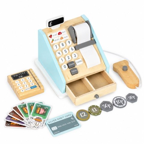 Drewniana kasa fiskalna dla dzieci terminal skaner banknoty monety karta ECOTOYS