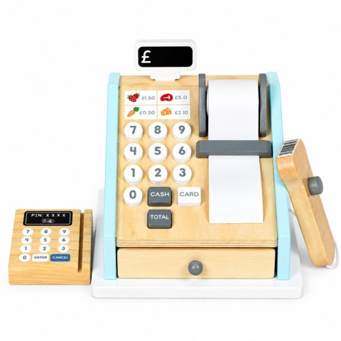 Drewniana kasa fiskalna dla dzieci terminal skaner banknoty monety karta ECOTOYS