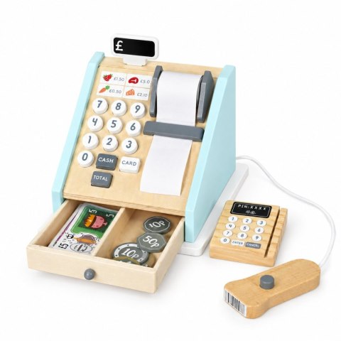 Drewniana kasa fiskalna dla dzieci terminal skaner banknoty monety karta ECOTOYS