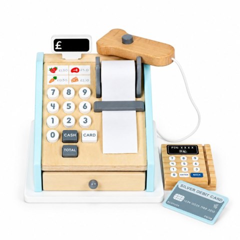 Drewniana kasa fiskalna dla dzieci terminal skaner banknoty monety karta ECOTOYS