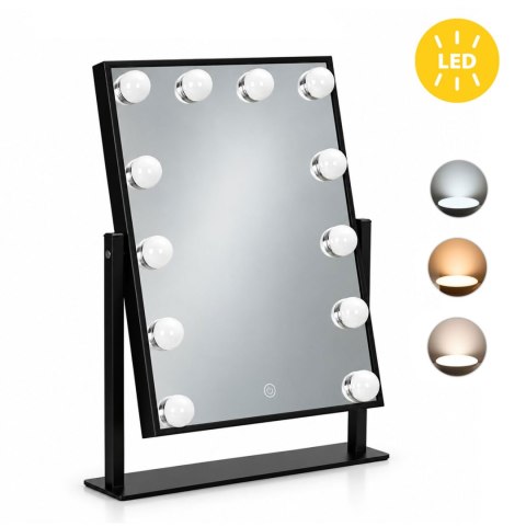 Lustro do makijażu LED 30x40 cm kosmetyczne podświetlane 3 barwy 12 żarówek czarne ModernHome