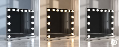 Lustro do makijażu LED 57x46 cm kosmetyczne podświetlane 3 barwy regulacja jasności 15 żarówek ModernHome